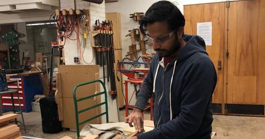 Samip Jain, a graduate student in the Integrated Design and Management program, works on a project in the lab. He has been learning with MIT through open education courses and programs since he was a young high school student. 