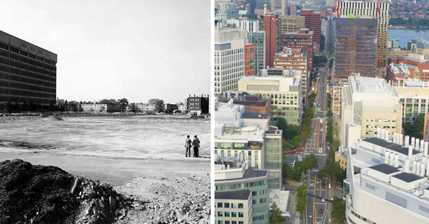 "From Controversy to Cure: Inside the Cambridge Biotech Boom" documents how science, engineering, politics, the space race, and urban renewal transformed a desolate Kendall Square (left) into the biotechnology hub we recognize today (right).