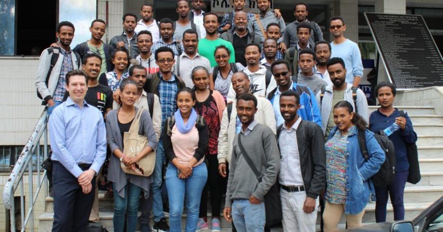 Alexander Rothkopf (front row, left) joins pharmacy students at Addis Ababa University for the in-person portion of their blended online course.