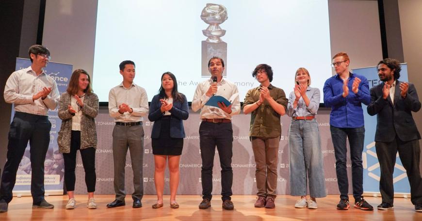 (Left to right:) MIT students Kenny Li, Maya Murad, Devin Zhang, Tiffany Fung, Eduardo Rivera, Evan Pu, Taylor Baum, Julian Alverio, and Madhav Kumar participated in this year's MISTI Global Startup Labs program.