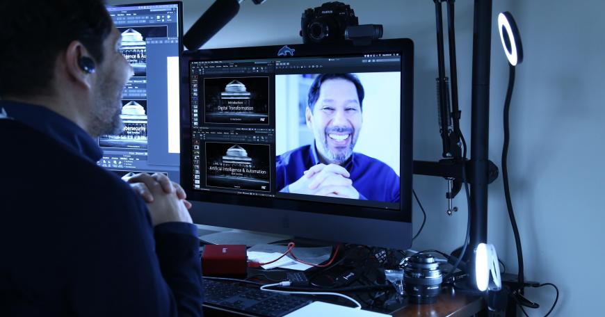 From his home, Abel Sanchez leads the live virtual delivery of Digital Transformation offered by MIT Professional Education. The program included 30 professionals, each also participating from home.