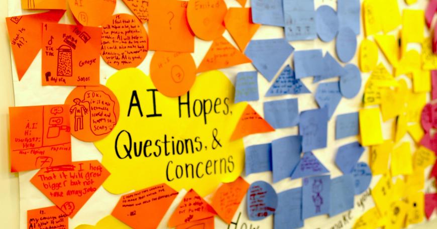 A mural of hopes and questions about artificial intelligence from a middle school workshop