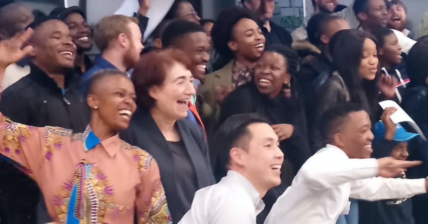 Professor Hazel Sive (front, second from left) visits Tshimologing, a digitial innovation precinct in Johannesburg, South Africa, with some 2019 Global Startup Labs participants.