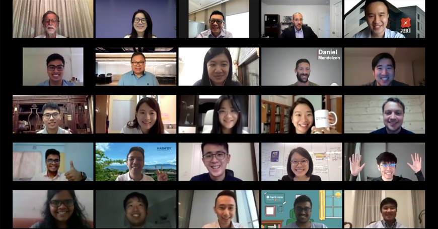 MIT Hong Kong Innovation Node hosted its flagship fintech program online, bringing together 33 students who presented business solutions to a panel of judges. Shown here is part of a Zoom selfie at the MEFTI 2020 Showcase.