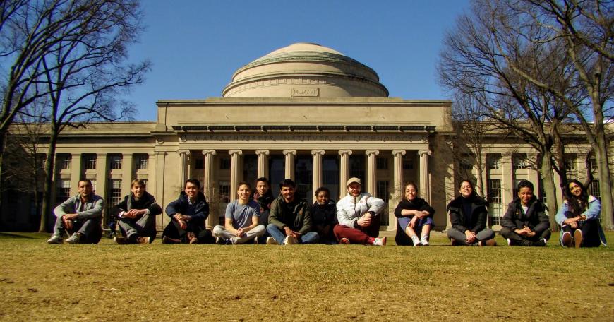 Students in the first cohort of MIT's new Master's in Data, Economics, and Development Policy pose in front of the Great Dome in January.