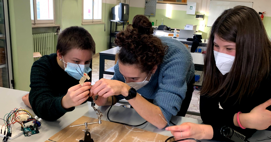 Students in the HoPE program in the first stages of constructing their eyeglasses with built-in proximity sensors for the vision-impaired