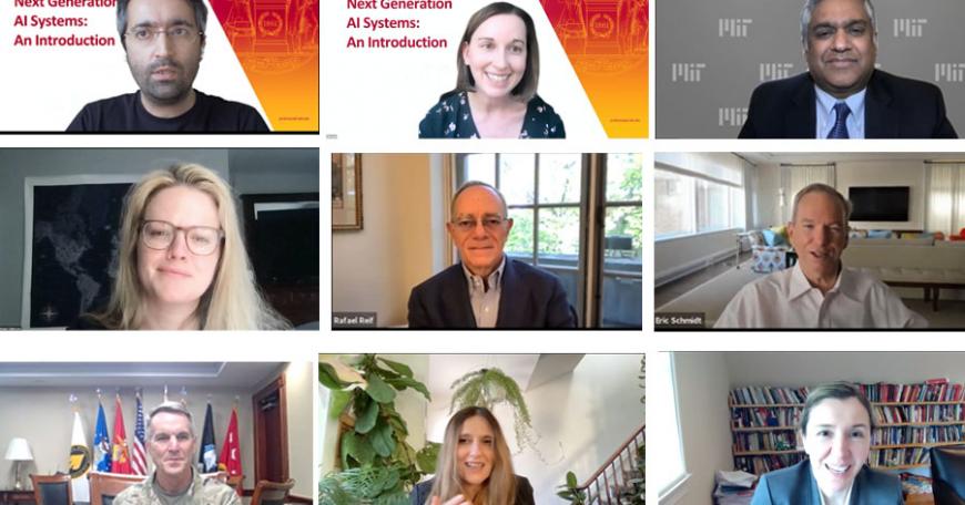 An online course developed in collaboration with USSOCOM, the MIT School of Engineering, and MIT Professional Education featured speakers on artificial intelligence applications and implications. Top row, left to right: Sertac Karaman, Julie Shah, and Anantha Chandrakasan. Middle row, left to right: Stephanie Culberson, L. Rafael Reif, and Eric Schmidt. Bottom row, left to right: General Richard Clarke, Regina Barzilay, and Asu Ozdaglar.