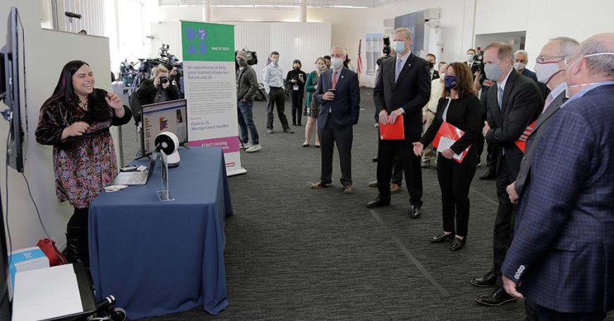MIT Schwarzman College of Computing Dean Daniel Huttenlocher, Massachusetts Governor Charlie Baker, Lieutenant Governor Karen Polito, Secretary of Education James Peyser, MIT President L. Rafael Reif, and Vertex Pharmaceuticals Executive Chairman Jeff Leiden observe a demonstration by PhD student Daniella DiPaola about Jibo, the social robot.
