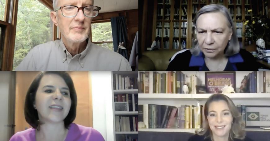 Clockwise from top left: Ben Ross Schneider, Ford International Professor of Political Science at MIT and faculty director for MIT-Chile, hosted a discussion with Sylvia Schmelkes, academic vice-chancellor at the Universidad Iberoamericana; Priscila Cruz, executive president of Todos Pela Educação; and Paula Louzano, dean of the faculty of education at Universidad Diego Portales.