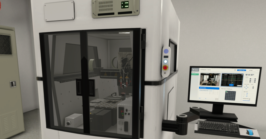 Students and technicians around the world can now practice operating a die bonder using a desktop virtual reality training simulation. This virtual view of the exterior of a die bonder is based on an actual tool located on the fifth floor of MIT.nano in the Lab for Education and Application Prototypes. 
