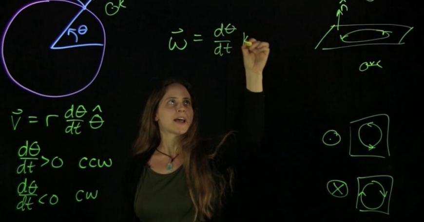 Michelle Tomasik lectures on angular velocity. Tomasik gave an xTalk on alternative forms of assessment to better gauge student progress in a remote learning environment. 