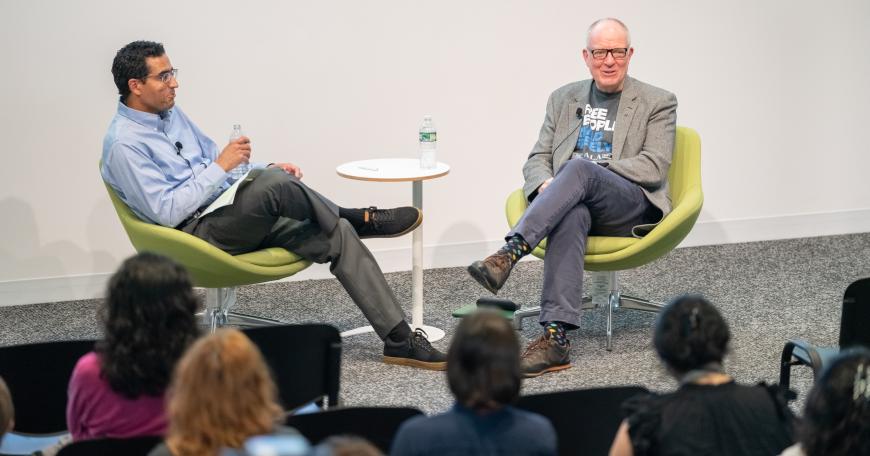 Professor Malick Ghachem (left) led a discussion with Richard Ovenden about the relevance of the research library to contemporary debates over academic freedom and free expression.