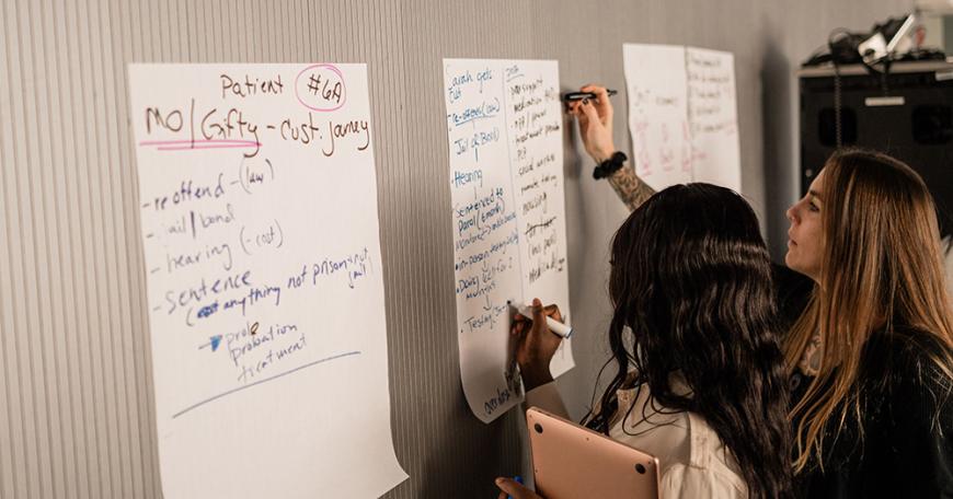Learners from the Substance Use Disorder (SUD) Ventures program ideate together during a team work session at the MIT Media Lab.