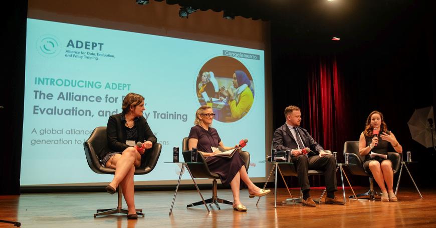 At an event marking the launch of the Alliance for Data, Evaluation, and Policy Training (ADEPT) at Insper in São Paulo, Brazil, Sarah Kopper (right), director of ADEPT and associate director of research and education at J-PAL, speaks alongside (left to right) MIT Professor Esther Duflo, MIT Professor Sara Fisher Ellison, and Community Jameel Director George Richards.