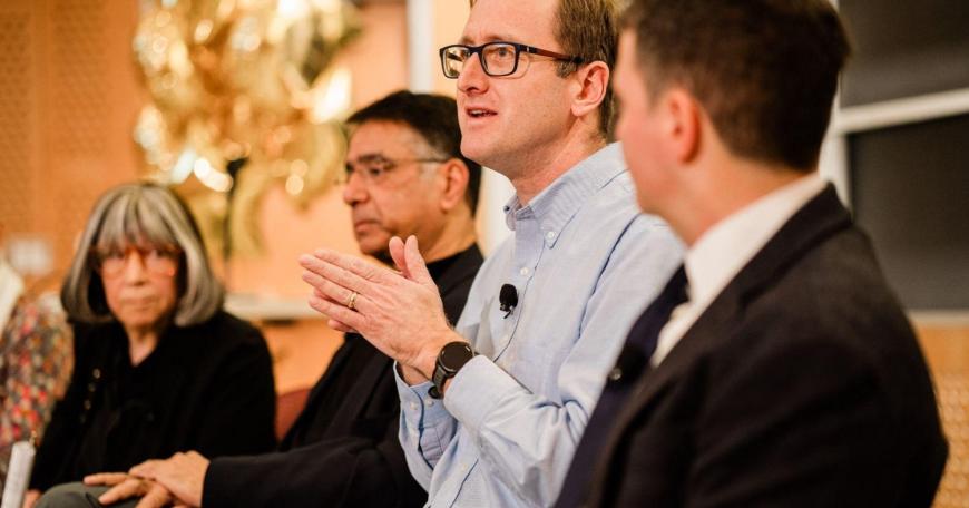 From left to right, MIT panelists Susan Silbey, Amitava "Babi" Mitra, Adam Martin, and Chris Capozzola share their perspectives of the strengths and challenges of an MIT education.