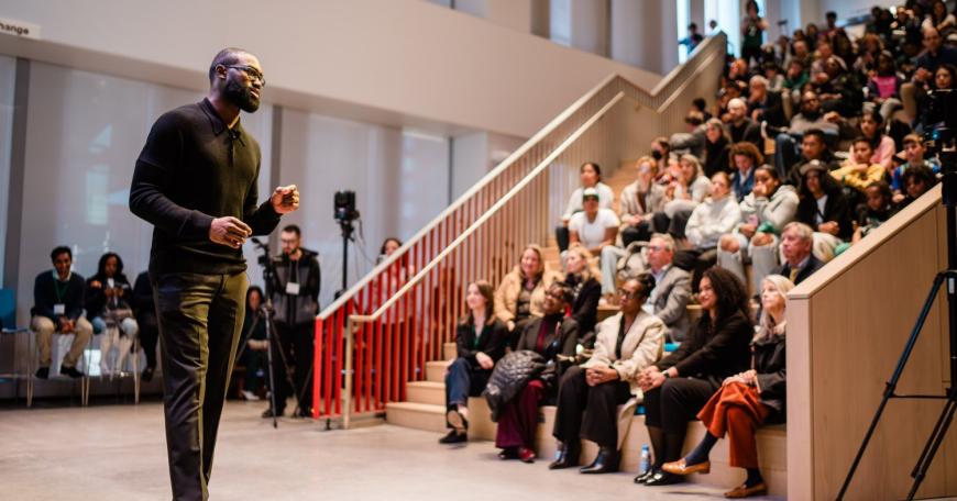 Jaylen Brown speaks on the importance of climate and climate action for Day of Climate at the MIT Museum.