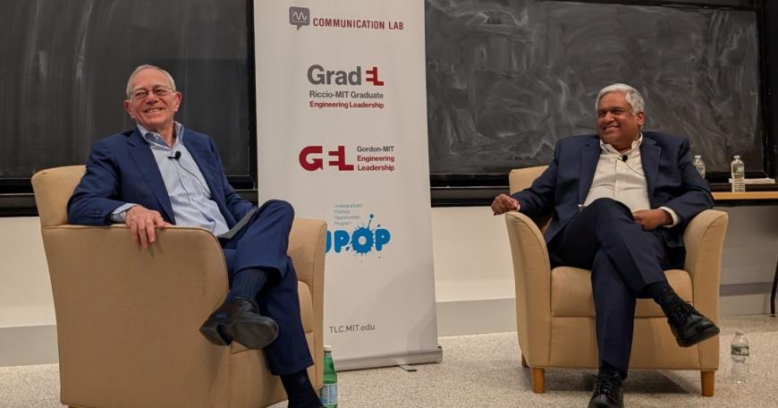 L. Rafael Reif (left), with Anantha P. Chandrakasan, shared anecdotes and insights about technical leadership from his decades in leadership roles at MIT at the Technical Leadership and Communication Programs Fireside Chat.