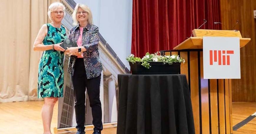 2025 Collier Medal recipient Kathleen Monagle (left) and MIT President Sally Kornbluth.  