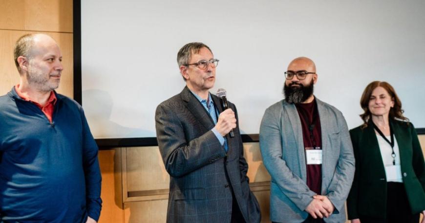 Evan Kharasch (second from left) pitches his bootcamp team's venture to a judging panel of investors, experts, and NIDA program staff. MIT’s Substance Use Disorders Ventures Bootcamp unites innovators — including scientists, entrepreneurs, and medical professionals — to develop bold, cross-disciplinary solutions to substance use disorders.