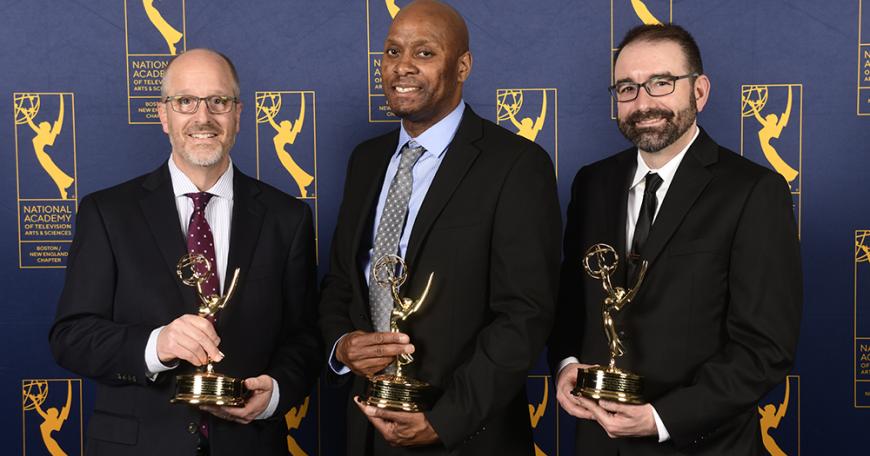 Left to right: MIT Open Learning’s Joe McMaster, Wesley Richardson, and Clayton Hainsworth celebrate at the 2025 Boston/New England Emmy Awards ceremony. Their documentary, “That Creative Spark,” won an Emmy award for the Education/Schools category. 