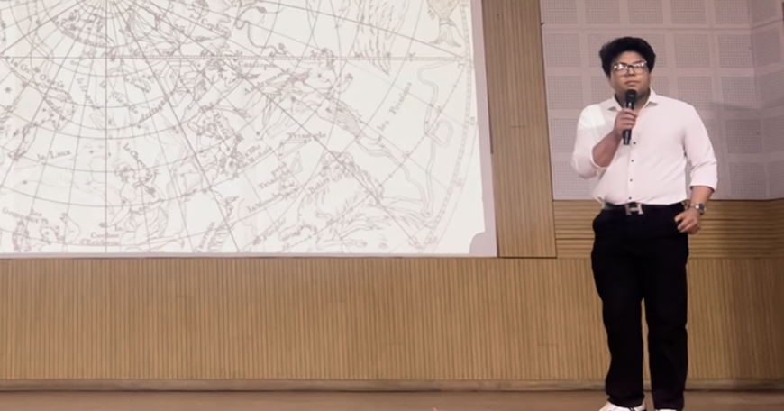 “What draws me to MIT Open Learning and OpenCourseWare is it breaks the old model of education. It’s not about sitting in a lecture hall, it’s about access and experimentation,” says Vivan Mirchandani, seen here giving a TEDEd talk on cosmology. He has completed more than 27 online MIT courses to date.