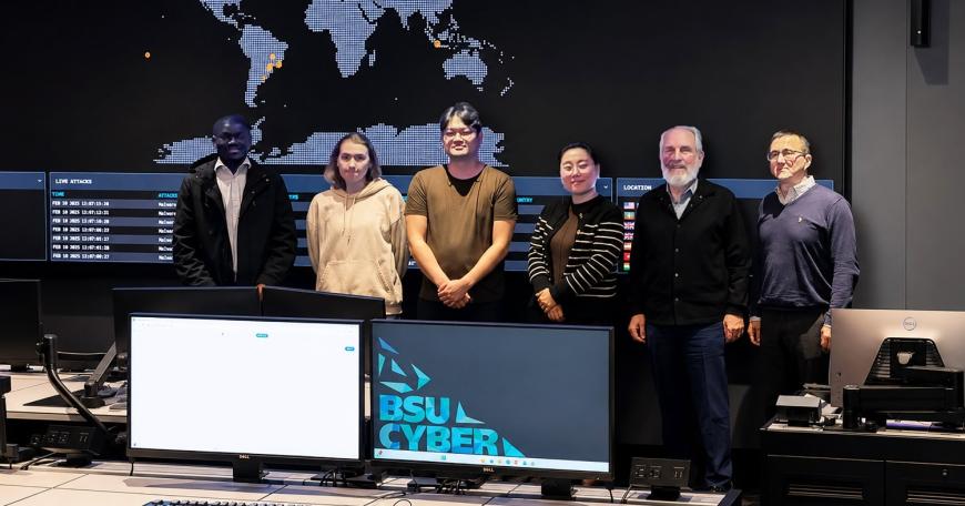 Visiting the cyber range and security operations center at Bridgewater State University are (left to right) Muhammad Umar (Brandeis University), Kahlen Wheaton (MIT), Jungwoo Chun (MIT), Hannarae Lee (BSU), Larry Susskind (MIT), and Almaz Kasymbekov (Brandeis).