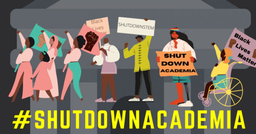 Graphic associated with the #ShutDownAcademia events on June 10, 2020, featuring protesters of many races with signs reading "Black Lives Matter"