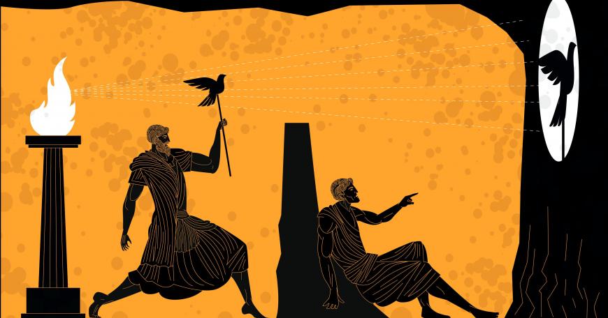 Vase art depicting Plato's allegory of the cave