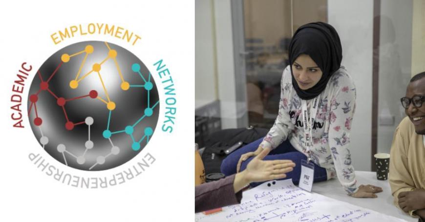 At left, an illustration of a network surrounded by the words "entrepreneurship academic employment networks." At right, a photo of a woman in hijab talking with two friends just offscreen.