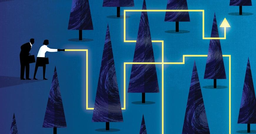 Illustration of two business people in a forest with a flashlight creating a path around the trees