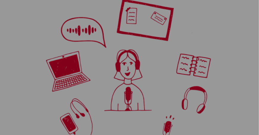 Red illustration of a person wearing headphones in front of a microphone, surrounded by icons representing different learning formats including podcasts, videos, articles, documents, and a mobile device on a gray background.