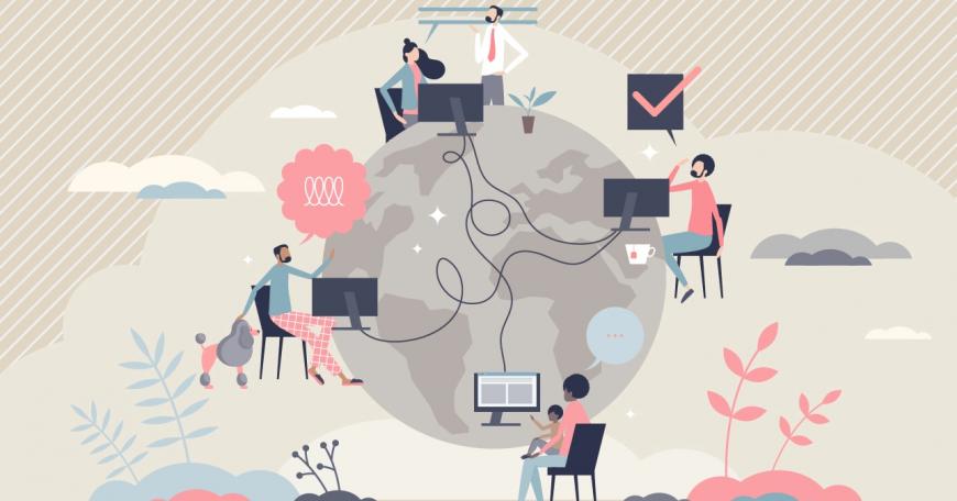 Drawing of four people with different work from home environments on different sides of a globe