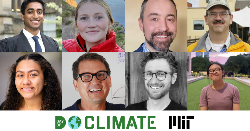 A collage of 8 headshots of the Day of Climate grantees and the Day of Climate and MIT logos
