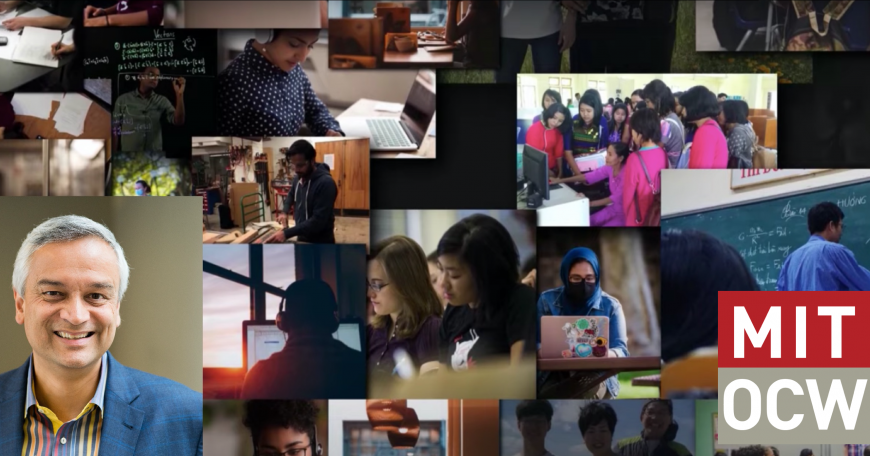 Collage of online learners in different situations, plus Krishna Rajagopal headshot and MIT OCW logo