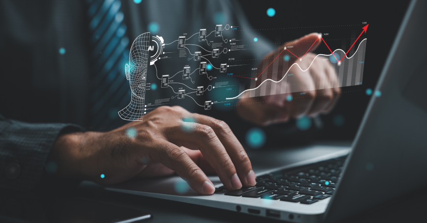 Person typing on a laptop with an AI concept visible 