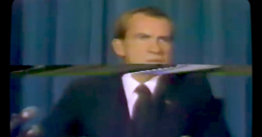 Still of Richard Nixon on a late 1960s television screen 