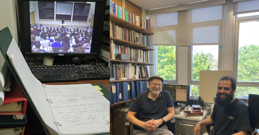 A side-by-side collage of two scenes in an academic setting. On the left, a desk holds an open binder filled with handwritten notes, positioned in front of a computer monitor displaying a crowded lecture hall with a professor at the front. On the right, two men sit and smile in a book-lined office with large windows.