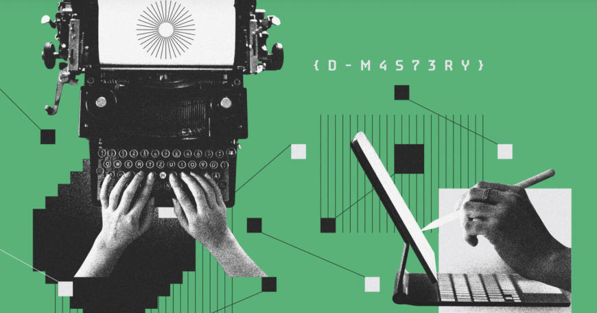 Illustration of the evolution of writing implements, from writing on parchment to the typewriter to the laptop