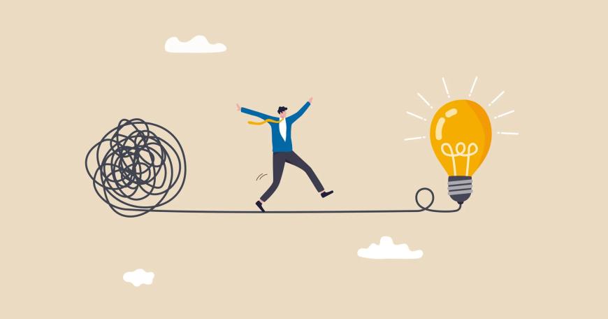 Graphic illustration of a business man walking on a tight rope with a tangled ball of string at one end and a lightbulb at the other.