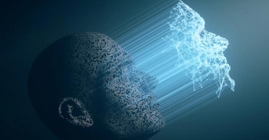 Profile view of a human head with a projection of a computerized map of the human's face