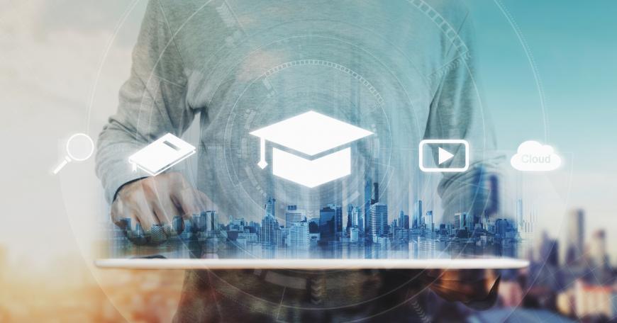 A man uses digital tablet to learn, with education and online learning media icons overlaid over image