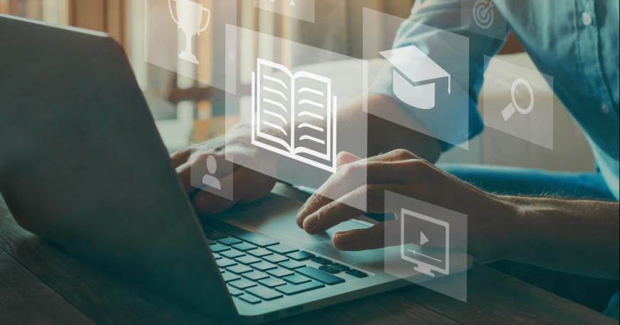 A person on a laptop with a trophy, graduation cap, open book, video, and search icons depicted.
