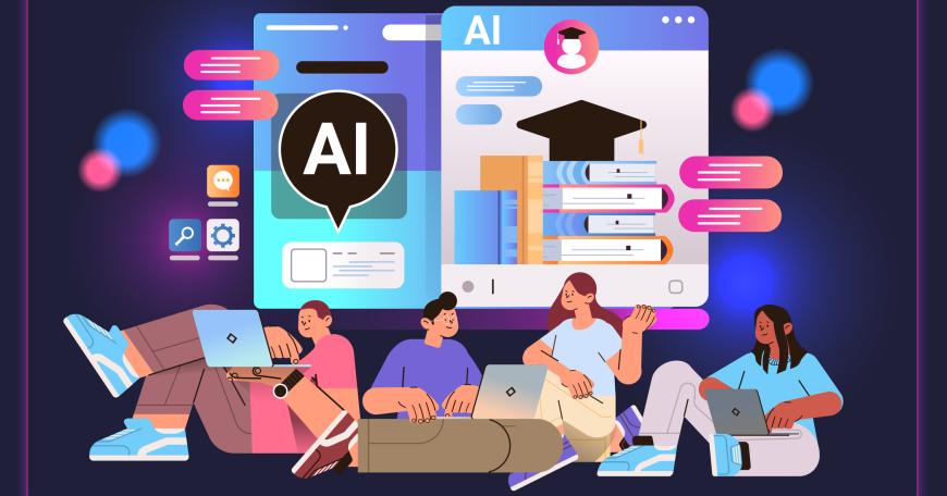 Illustration of students working on laptops surrounding by images of depicting AI education.