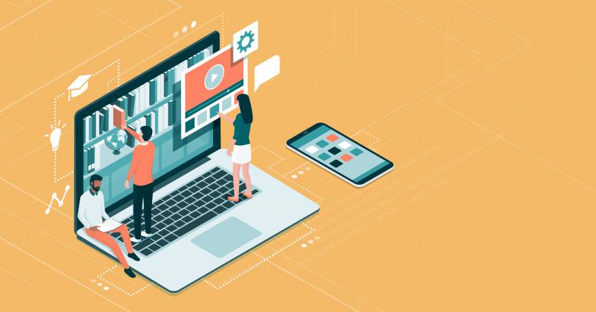 3 students pull learning materials out of a laptop