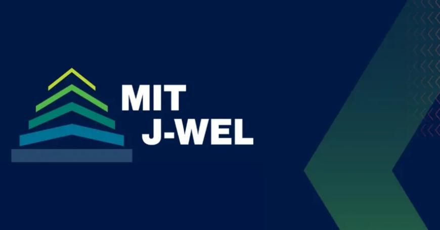 MIT J-WEL logo and MIT logo on a dark blue background with a green arrow