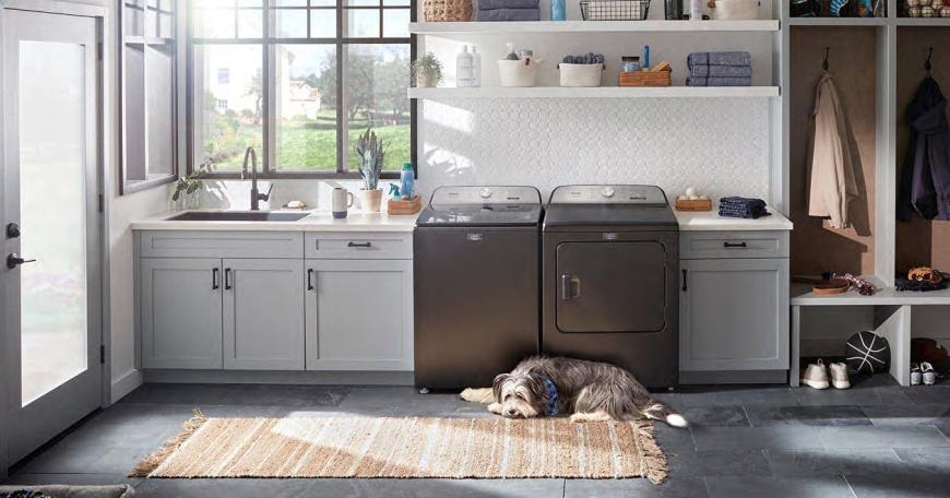 Photo of a laundry room with a sink, washer, and dryer against a wall with windows and shelves. A dog lays in front of the machines.