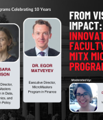 Portraits of Dr. Chris Caplice, Dr. Sara Ellison, Dr. Egor Matveyev, and Dana Doyle superimposed on a picture of the MIT Killian Hall. MITx MicroMasters Programs Celebrating 10 Years. From vision to impact: Innovative faculty behind MITx MicroMasters Programs.