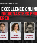 Portraits of Alyssa Levy, Davis Heniford, Inma Borrella, Jeremy Rossen, and Dana Doyle superimposed on a picture of the MIT Killian Hall. MITx MicroMasters Programs Celebrating 10 Years. Building Excellence online: How the MITx MicroMasters Programs are powered.