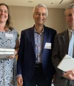 Dean of Digital Learning Krishna Rajagopal (center) with winners of the MITx Prize for Teaching and Learning in MOOCs, Jessica Sandland (left) and Martin Bazant. Not pictured: Polina Anikeeva, who also received the MITx Prize, and John Belcher, Amy Carleton, Jared Curhan, and Erik Demaine, who received Teaching with Digital Technology Awards.