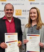 Chris Caplice (left), director of the MicroMasters Program in Supply Chain Management, and Mary Ellen Wiltrout, lecturer in digital learning for biology, receive awards for educational innovation at the QS Reimagine Education Awards. 